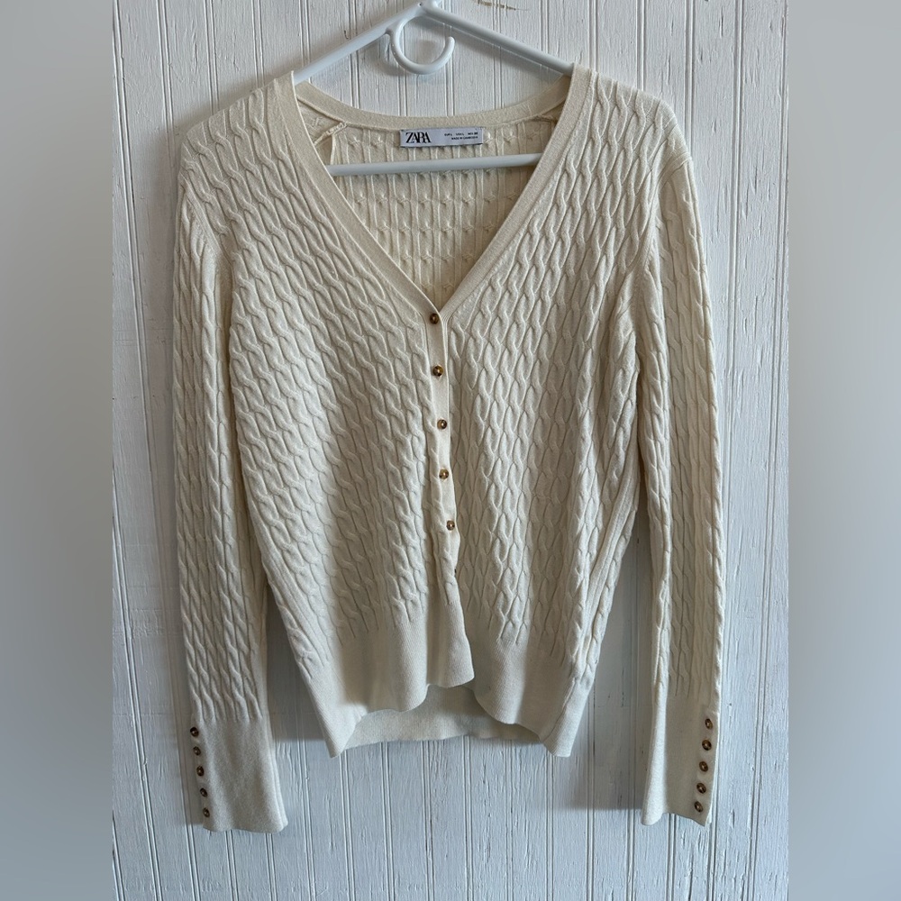 Zara Cream Cable Knit Cardigan Sweater - Picture 2 of 5